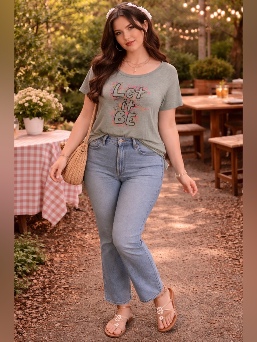 NATURAL LIFE Large Let It Be Graphic Tee Green & Pink Granola Girl Cotton Earthy